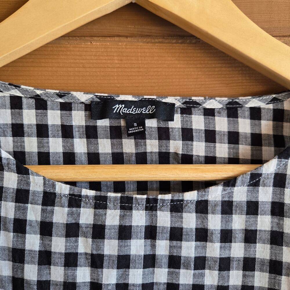 Madewell Top Gingham Bell Sleeve Lace Up Bow Blouse S Black White Retro Shirt - Picture 5 of 6